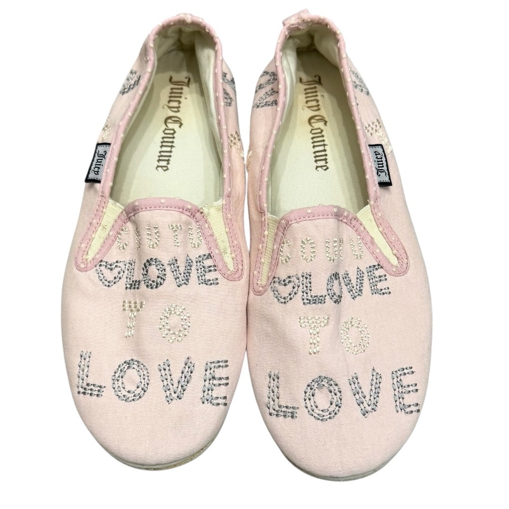VINTAGE JUICY COUTURE PINK SLIP ON SNEAKERS FLATS STITCHED "LOVE TO LOVE"
